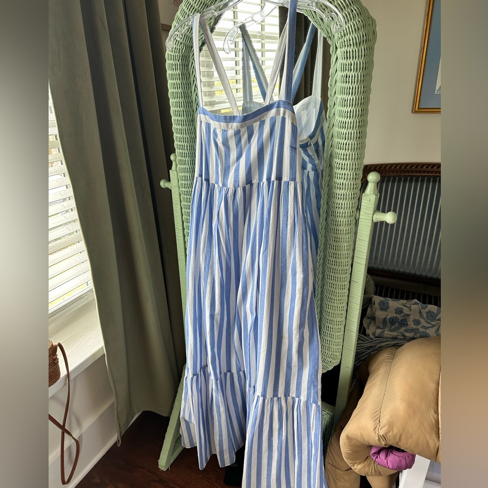 English Factory blue and white striped maxi dress